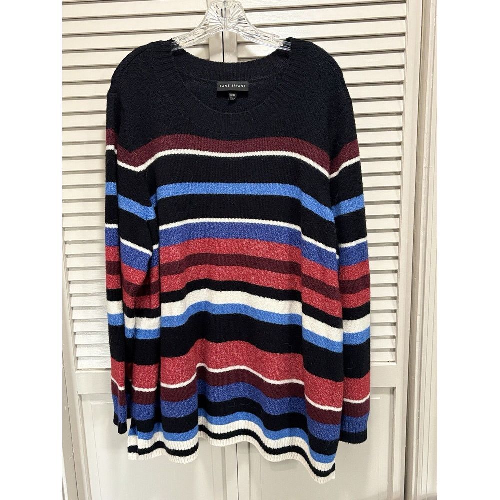 Lane Bryant Crew Black/Blue/Burg Striped Sweater Long Sleeve Size 22/24 Ribbed